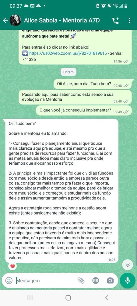 Print de conversa em que Alice Saboia descreve a divisão de funções entre os sócios