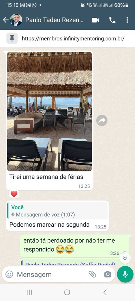 Print de conversa no WhatsApp em que Paulo Tadeu conta que tirou uma semana de férias