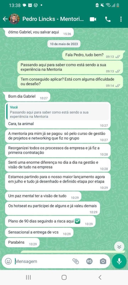 Print de conversa em que Pedro Lincks relata paz mental e plano de 90 dias