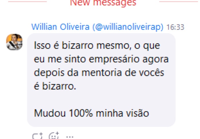 Print de mensagem de Willian Oliveira dizendo que se sente empresário depois da mentoria