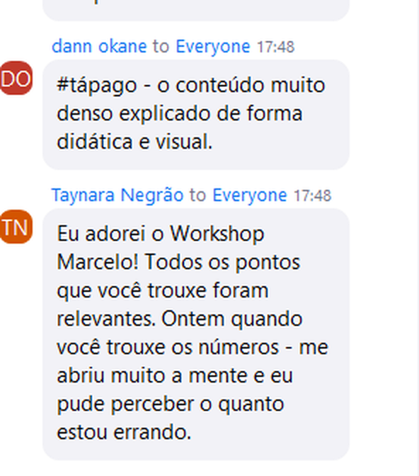 Comentários no chat do Zoom misturando tá pago com o reconhecimento de estar errando