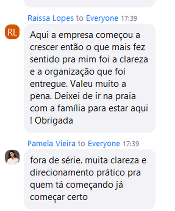 Comentários no chat do Zoom de participantes dizendo que valeu a pena deixar outros compromissos para assistir