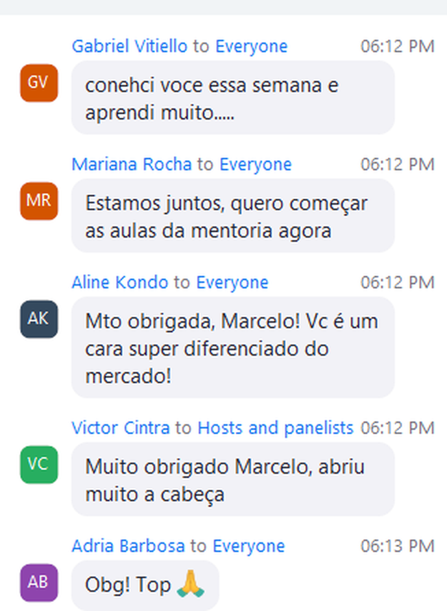 Comentários no chat do Zoom, com uma participante dizendo que quer começar as aulas agora