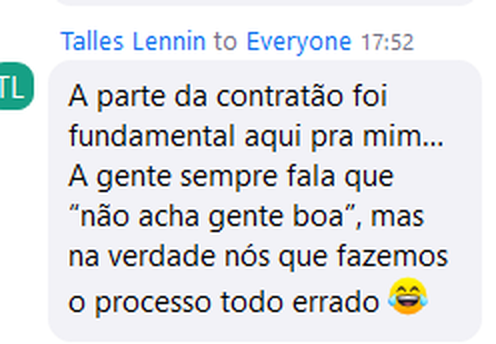 Comentário no chat do Zoom reconhecendo que são eles que fazem o processo errado