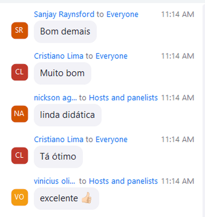 Vários comentários curtos no chat do Zoom escritos durante a aula