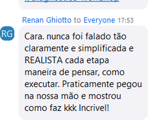 Comentário no chat do Zoom agradecendo por pegar na mão e mostrar como faz