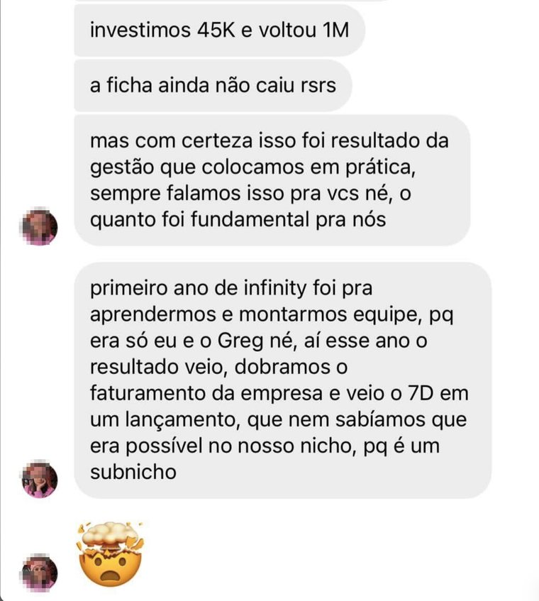 Mensagens de WhatsApp com fotos de perfil ocultadas, relatando investimento de 45 mil que retornou 1 milhão depois da gestão aplicada